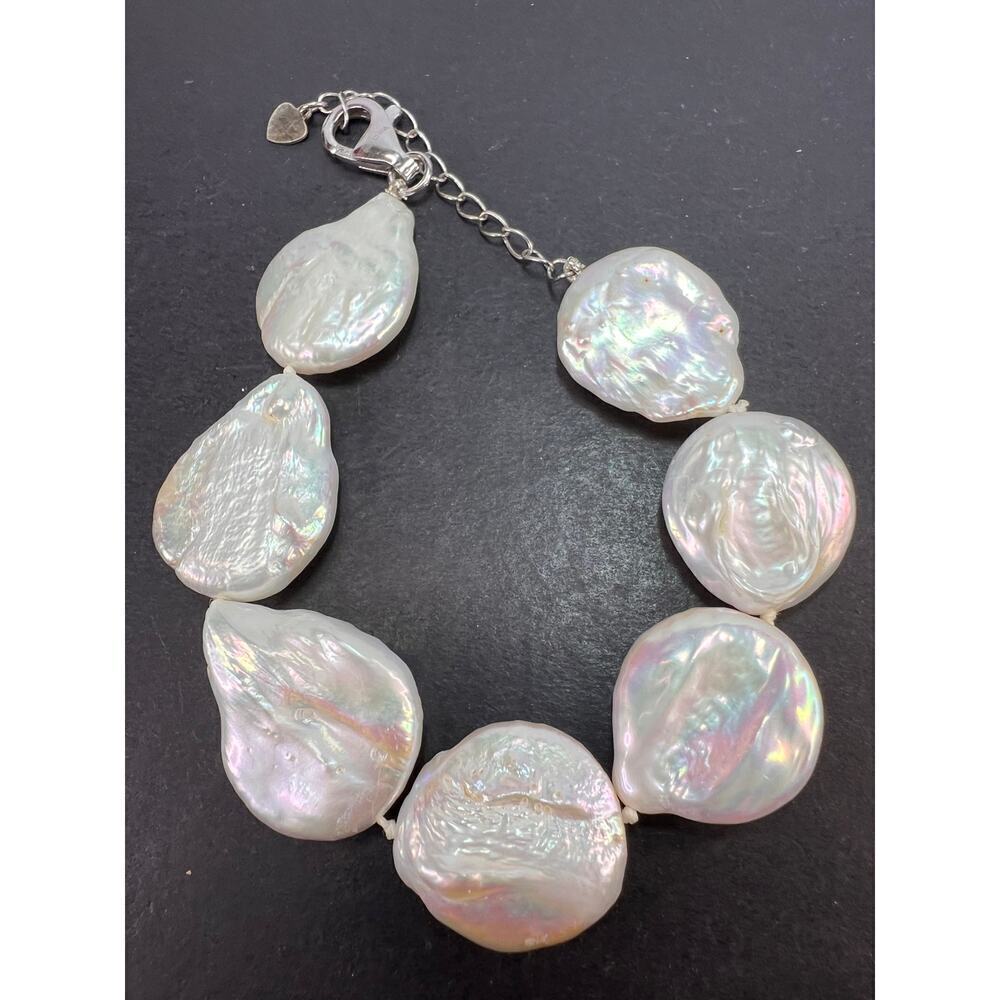 Cultured coin pearls bracelet with sterling silver clasp and extension